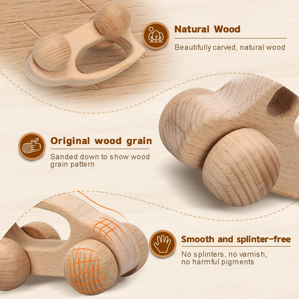 TOY Life wooden teething cars with smooth surfaces, gentle on gums.