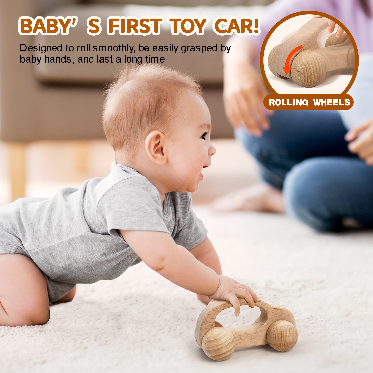 TOY Life wooden toy car side roll showcasing smooth surface for exploration.