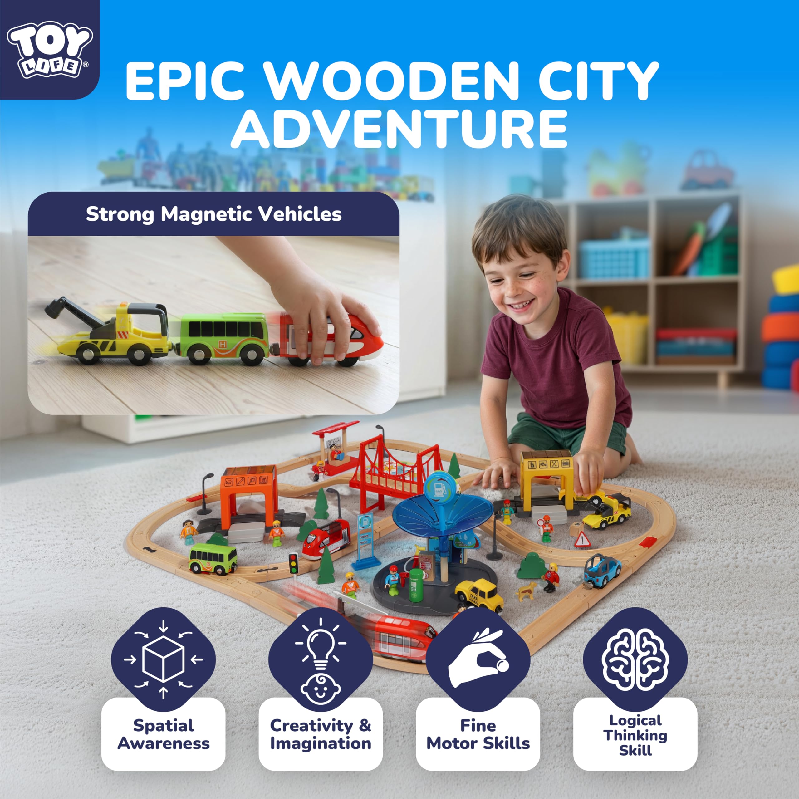 TOY Life wooden track pieces provide sturdy, safe construction for small hands