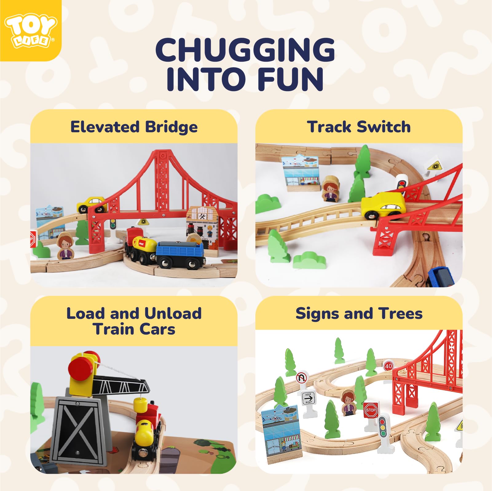 TOY Life magnetic crane showcases cargo pickup on durable wooden tracks.