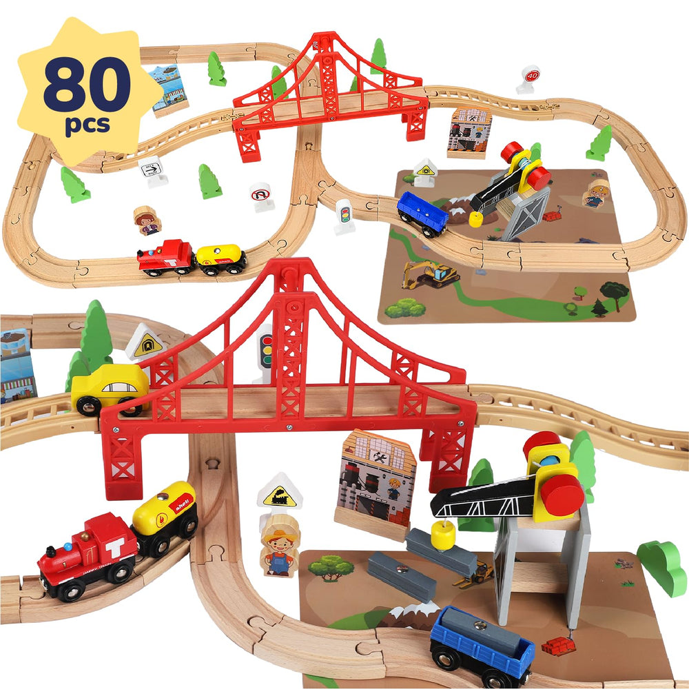 TOY Life wooden train set 80pcs with magnetic crane for imaginative play and fine motor skills.