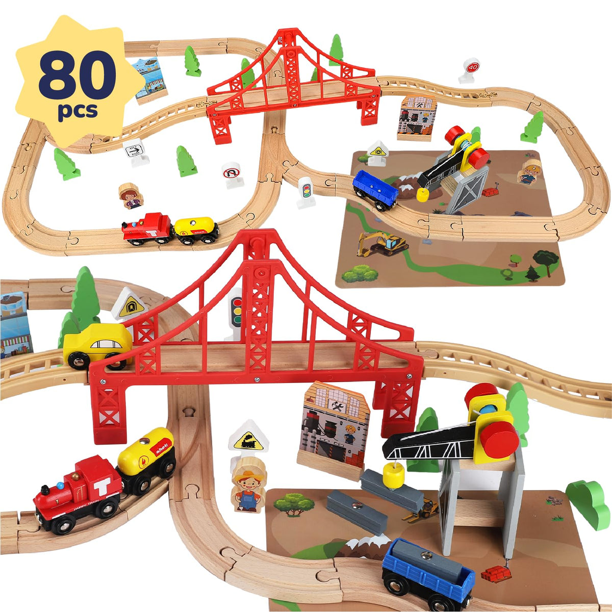 TOY Life wooden train set 80pcs with magnetic crane for imaginative play and fine motor skills.