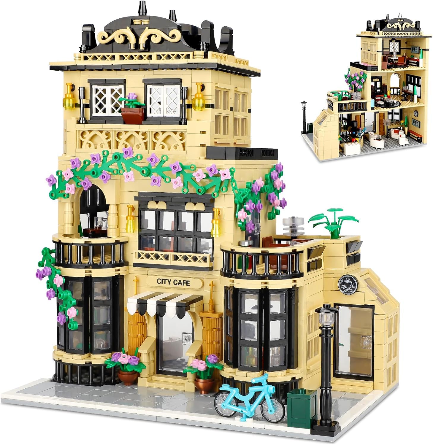 TOY PLAYER City Coffee Shop Building outer facade with durable bricks for creative play