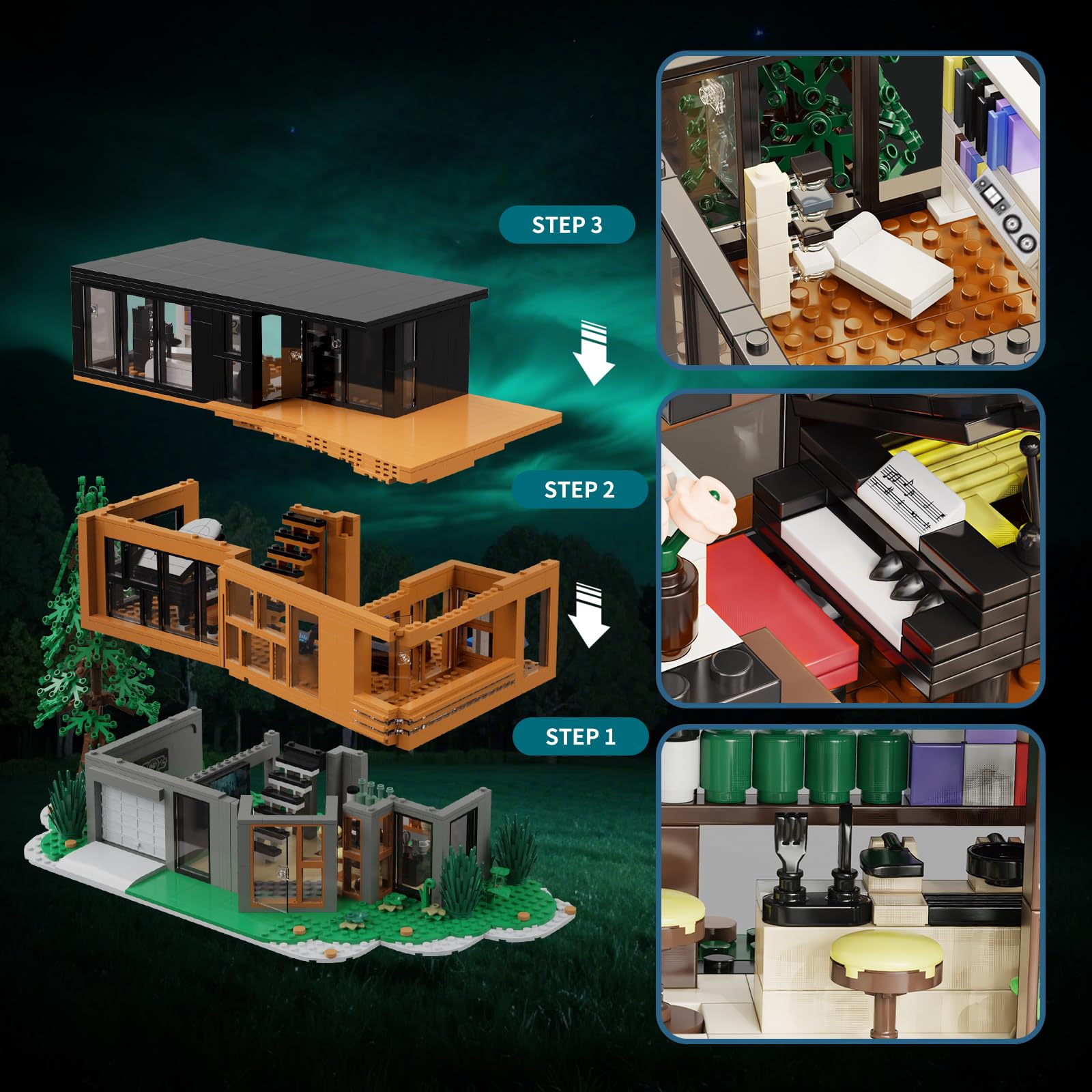 TOY PLAYER Forest House Building Set with Lights features a piano room for intimate gatherings.