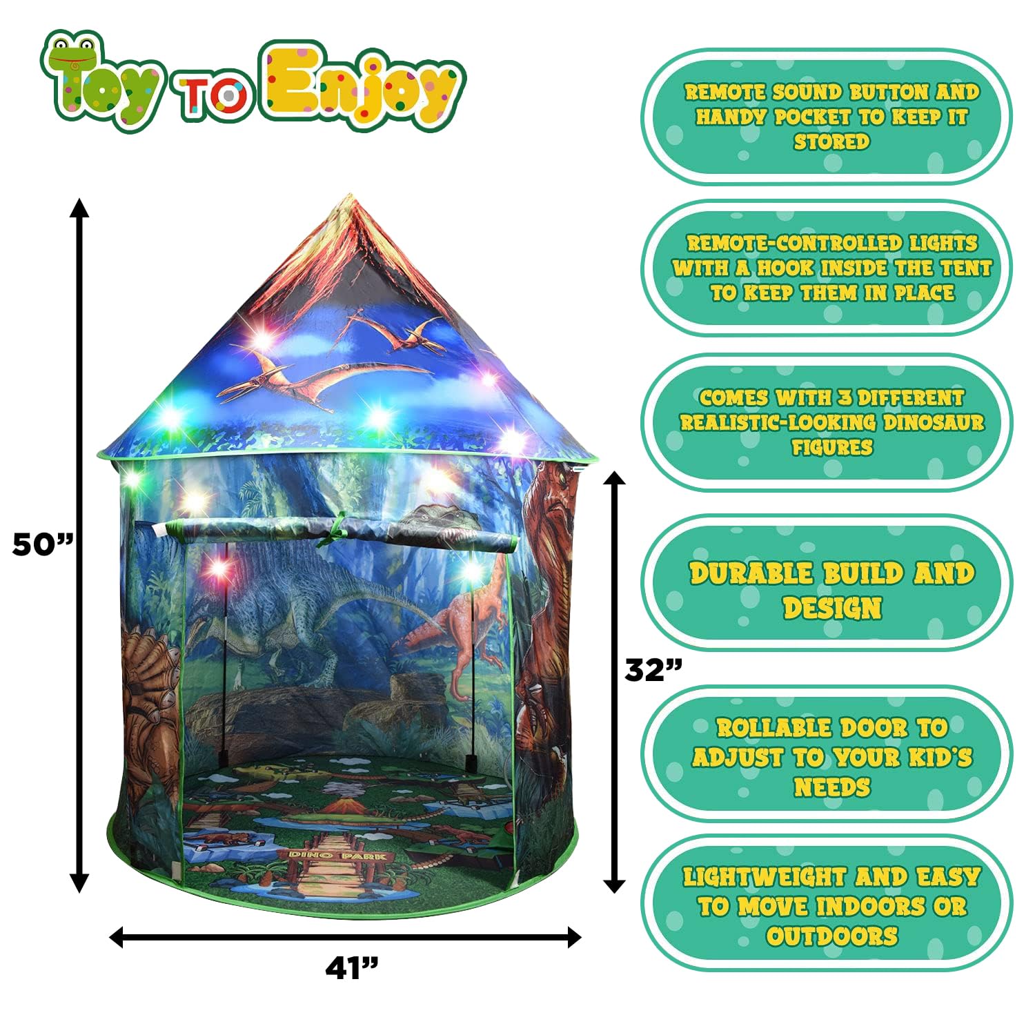 Toy To Enjoy Dinosaur Pop Up Tent child playing inside outdoors.
