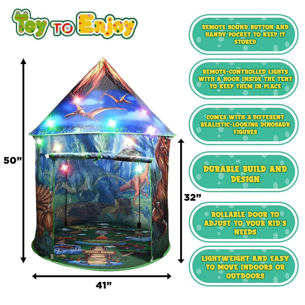 Toy To Enjoy Dinosaur Pop Up Tent child playing inside outdoors.