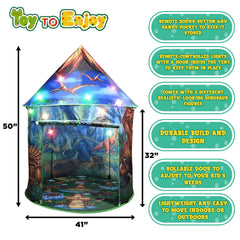 Toy To Enjoy Dinosaur Pop Up Tent child playing inside outdoors.