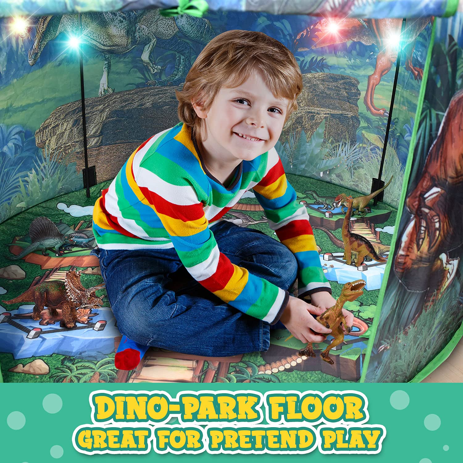 Toy To Enjoy Dinosaur Pop Up Tent includes three dinosaur toys for exploration.