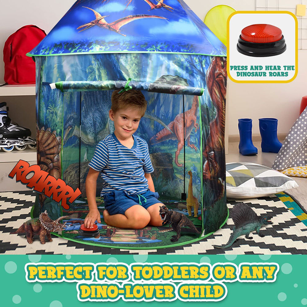 Toy To Enjoy Dinosaur Pop Up Tent lights on for magical evenings.