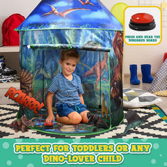 Toy To Enjoy Dinosaur Pop Up Tent lights on for magical evenings.