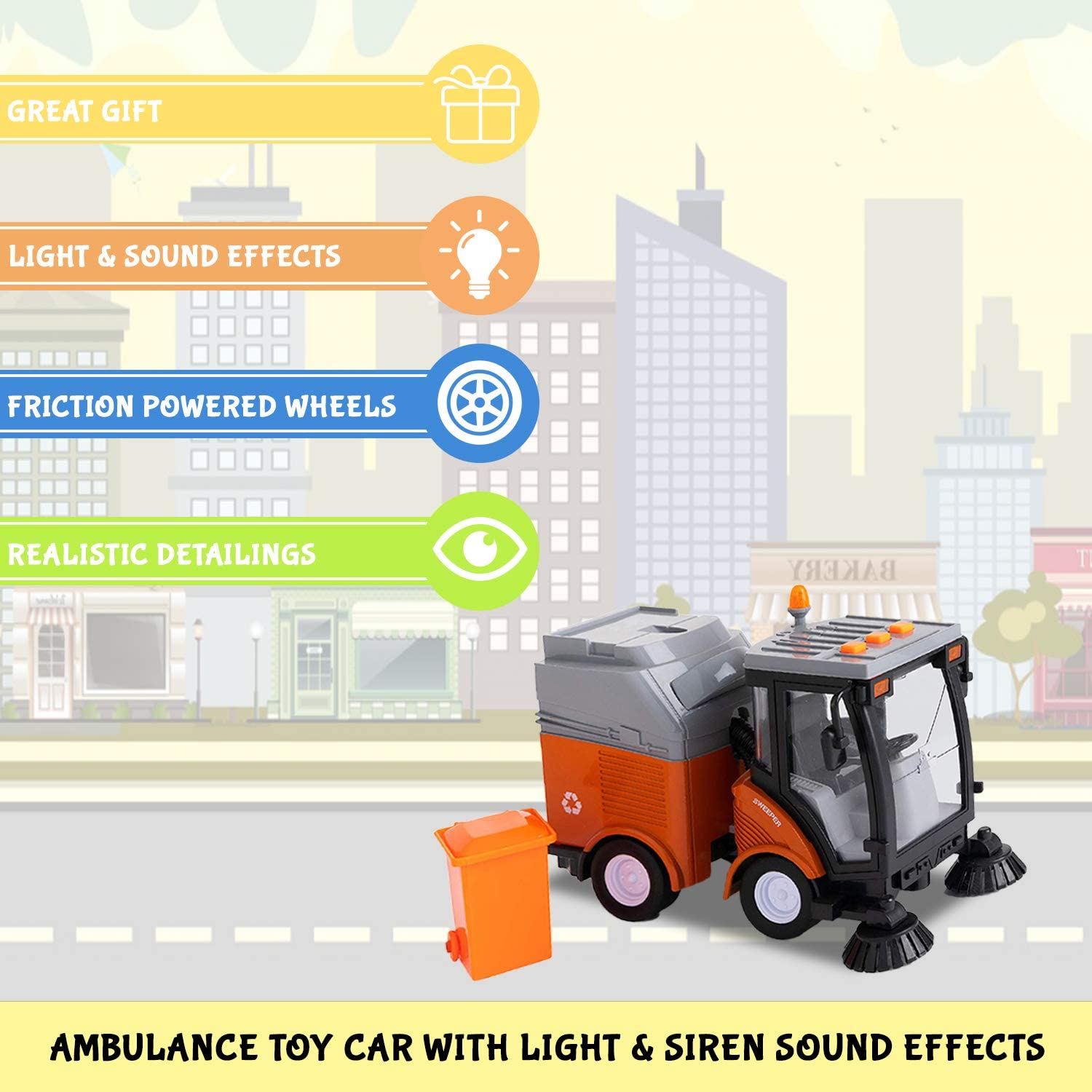 Toy To Enjoy Street Sweeper with Removable Garbage Can encourages hands-on roleplay.