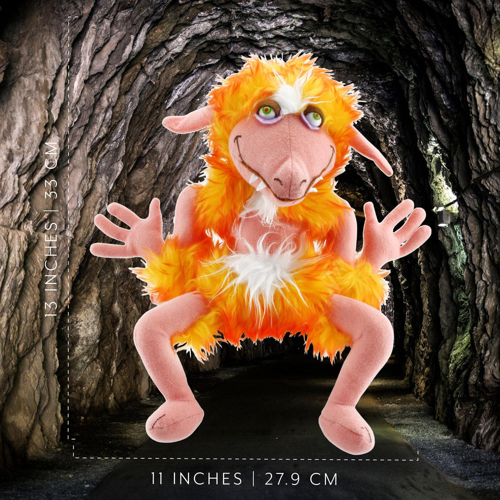 Toy Vault Labyrinth Firey plush portrait angle highlights flame colors.