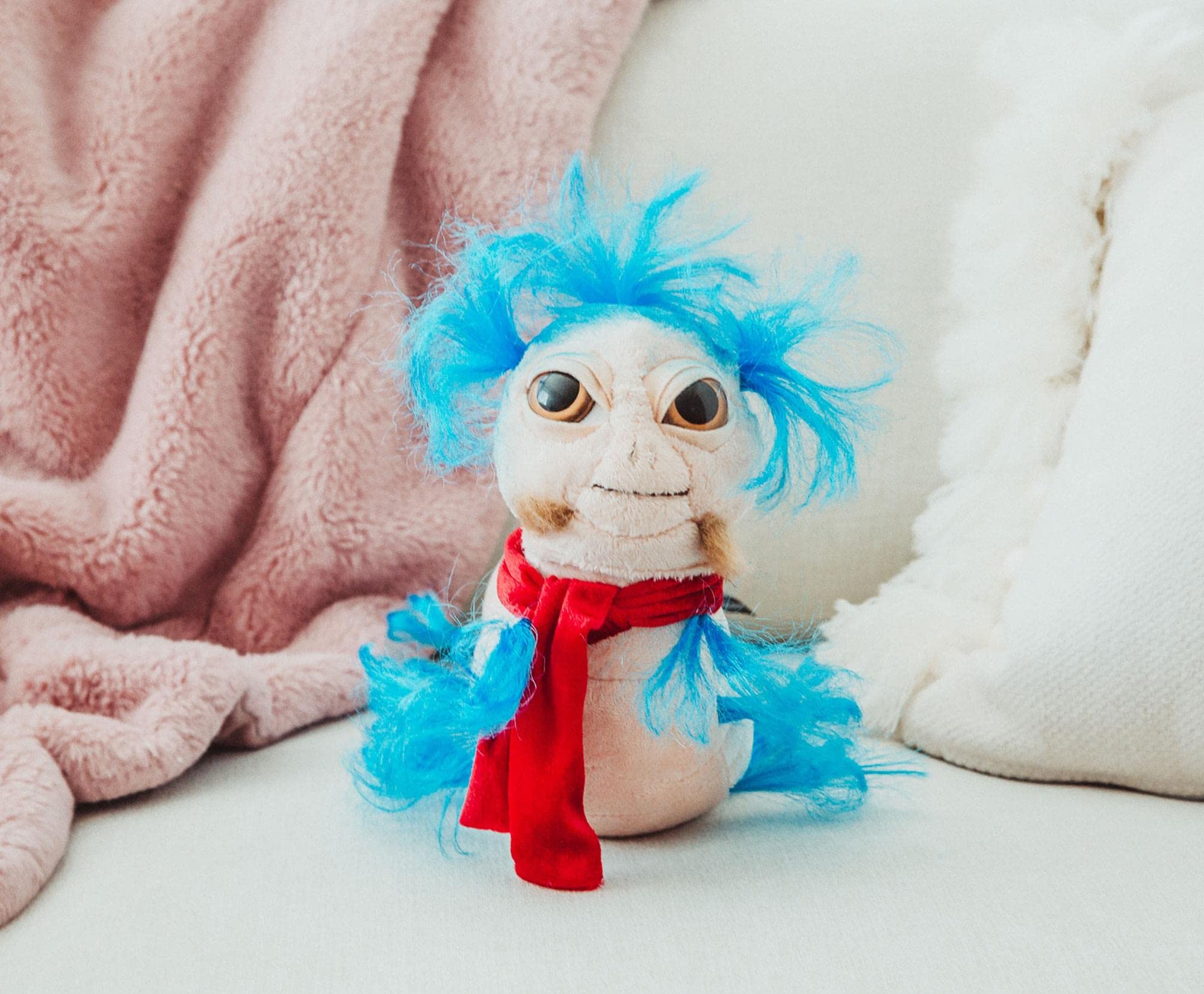 Toy Vault The Worm from Labyrinth plush face close-up shows friendly expression and durable stitching.