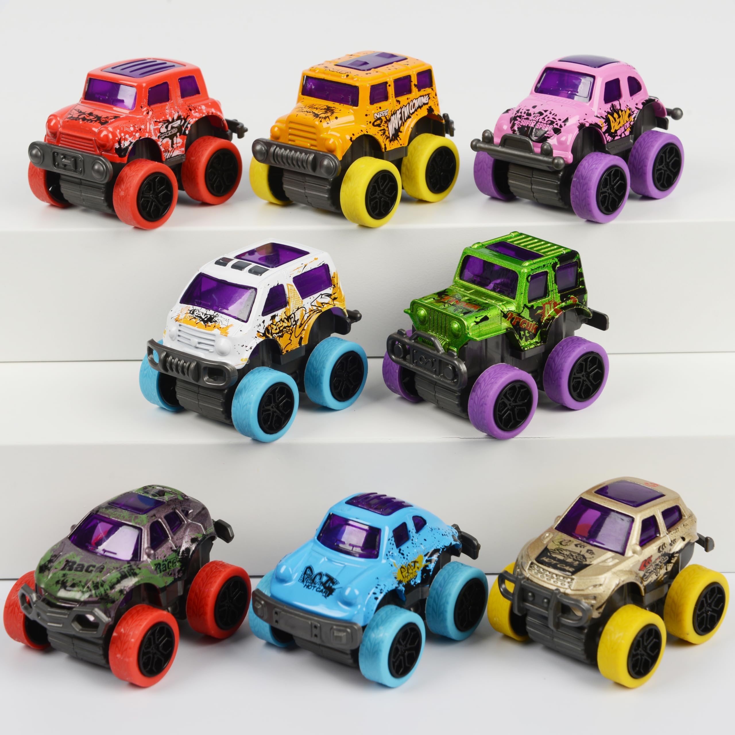 Toyard pull-back monster trucks provide quick floor races for kids.