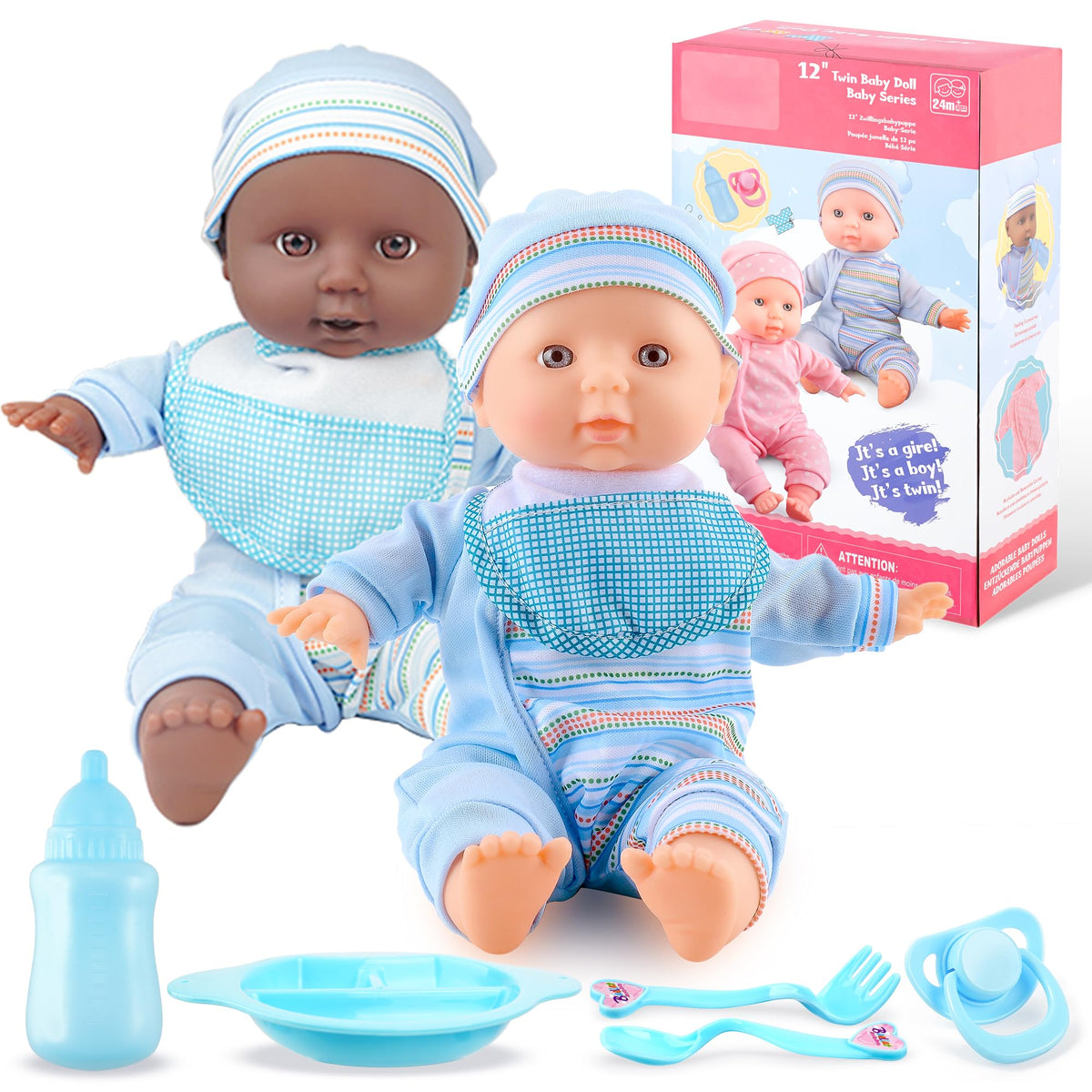Toy Choi's Twin Baby Dolls in blue outfits for imaginative play and cuddling.