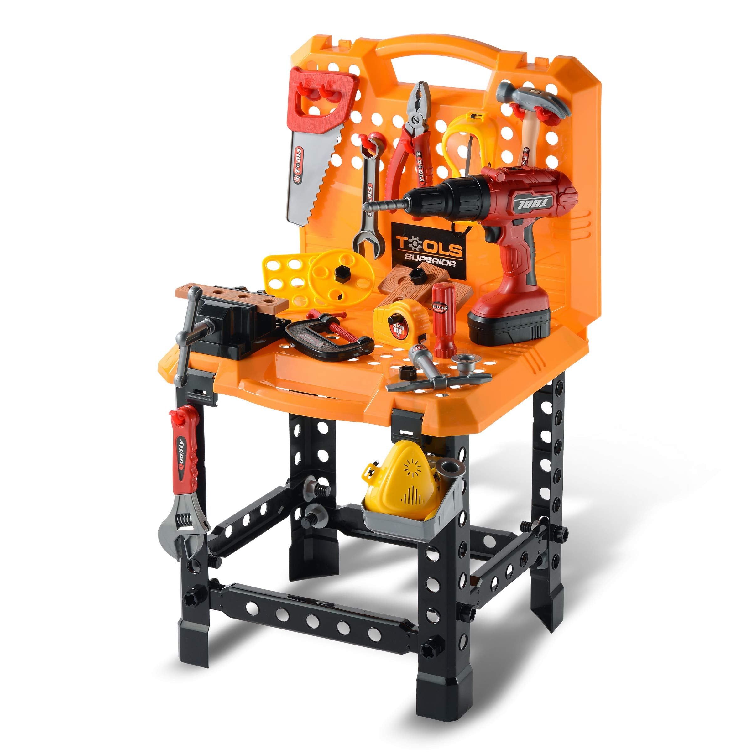 Toy Choi's 82pcs tool bench side view shows a sturdy learning station for kids.