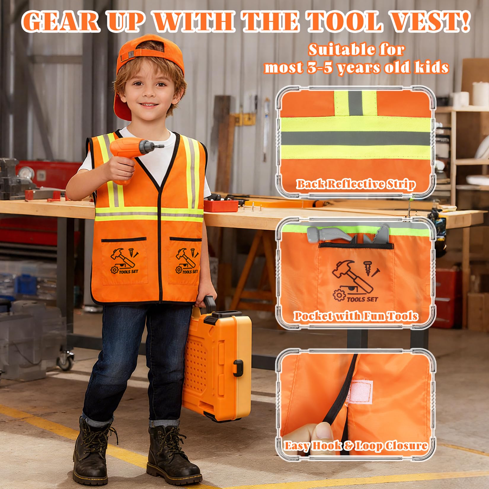 Toycost tool storage compartments help tidy up after pretend projects.