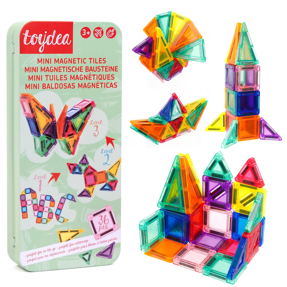 Toydea mini magnatiles travel tin case showing portable STEM building on the go