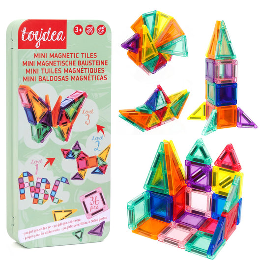 Toydea mini magnatiles travel tin case showing portable STEM building on the go