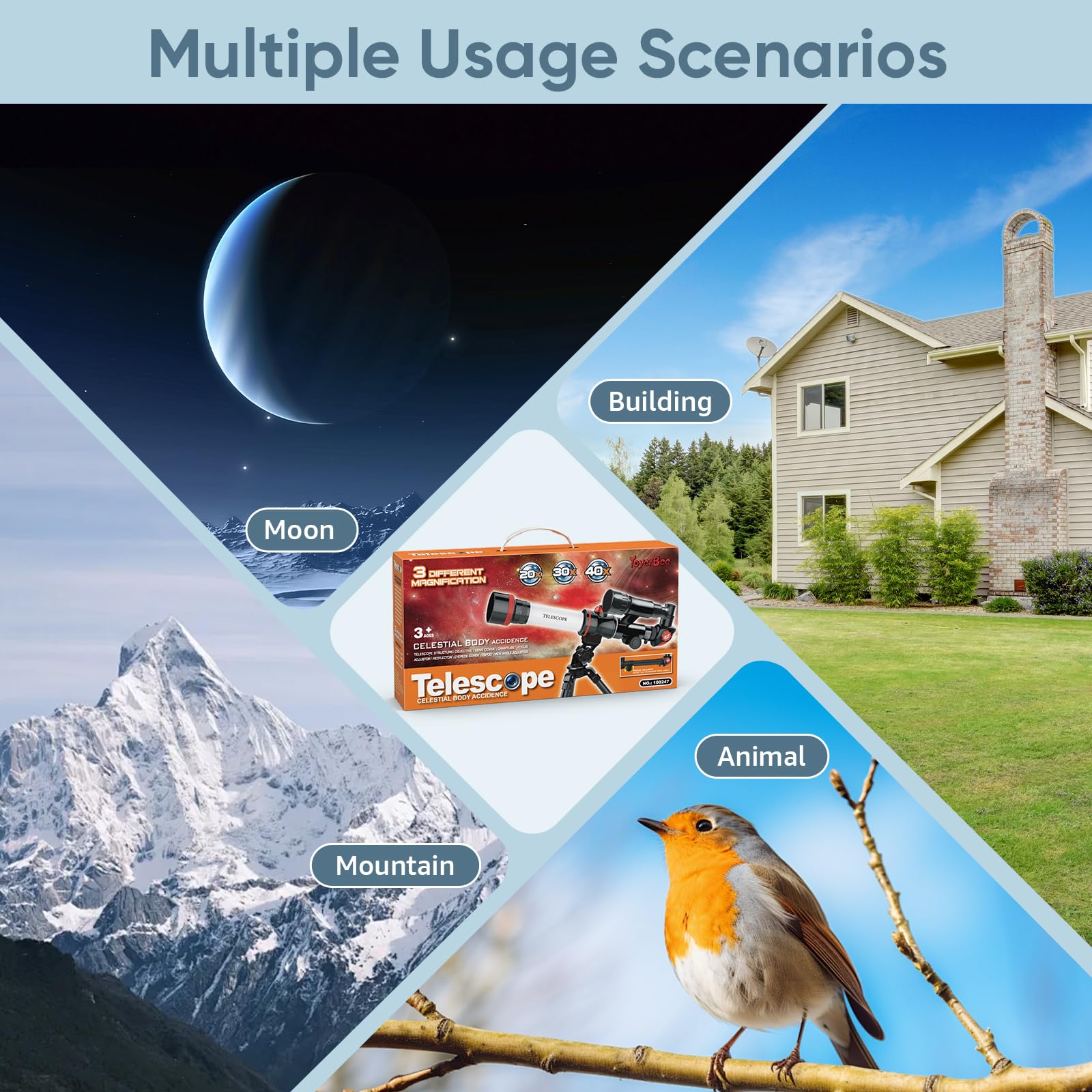 ToyerBee Kids Telescope invites kids to explore the moon, landmarks, and wildlife.
