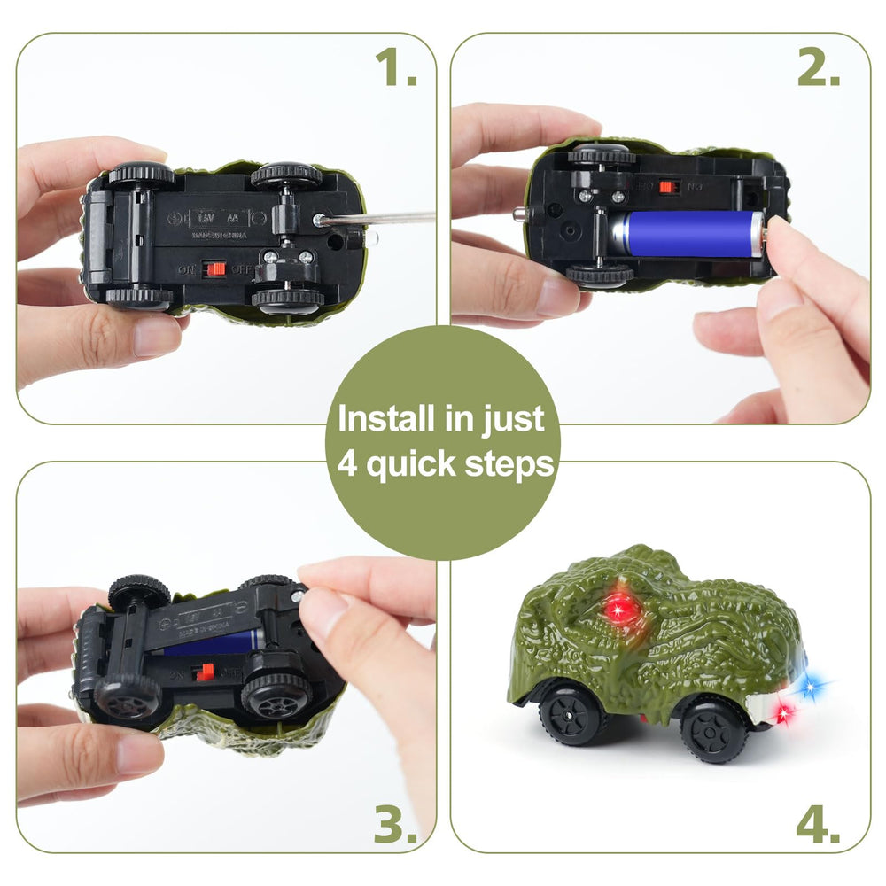 ToyFuntasy dino track car in motion on a dinosaur track set