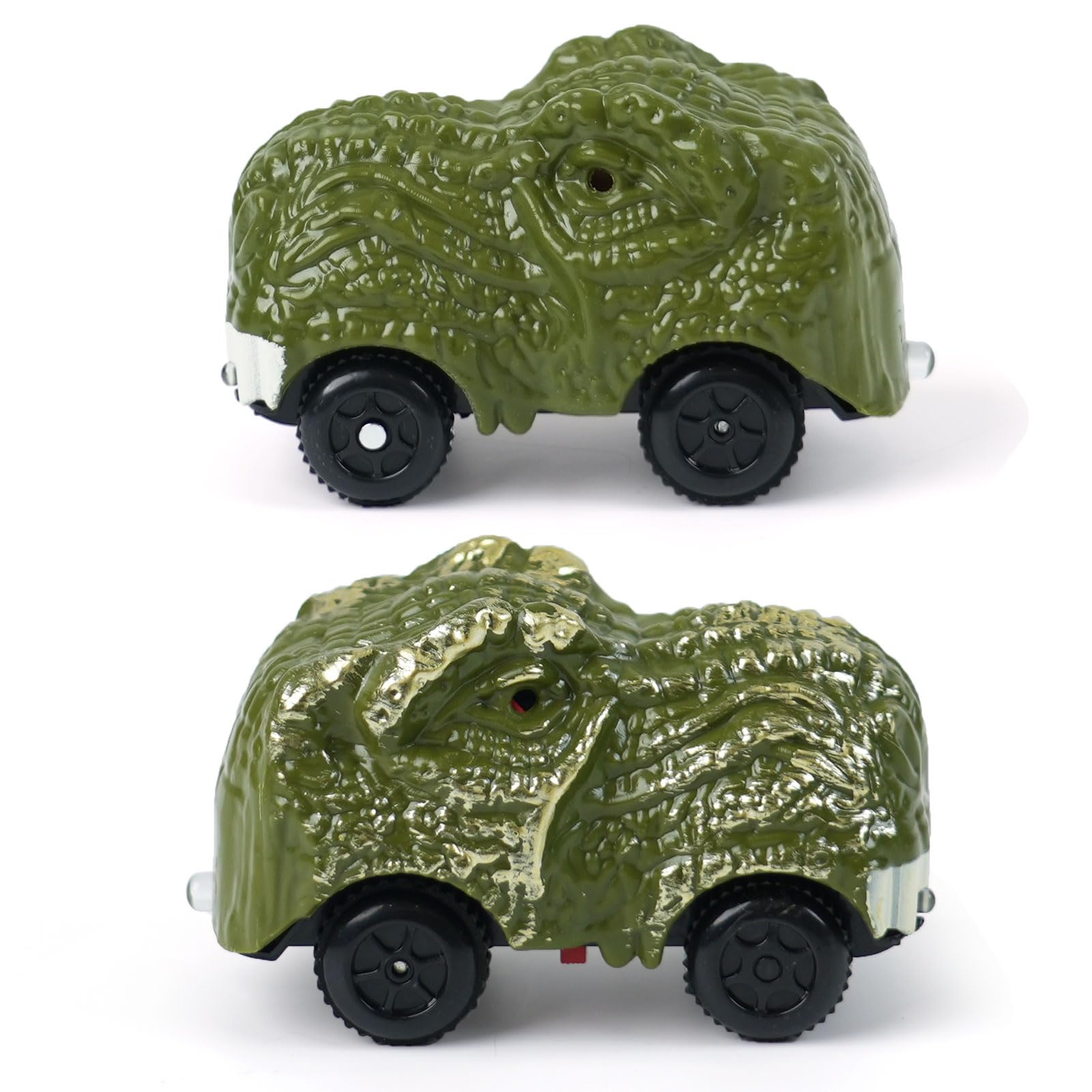 ToyFuntasy green dino track car with front LED lights for nighttime racing