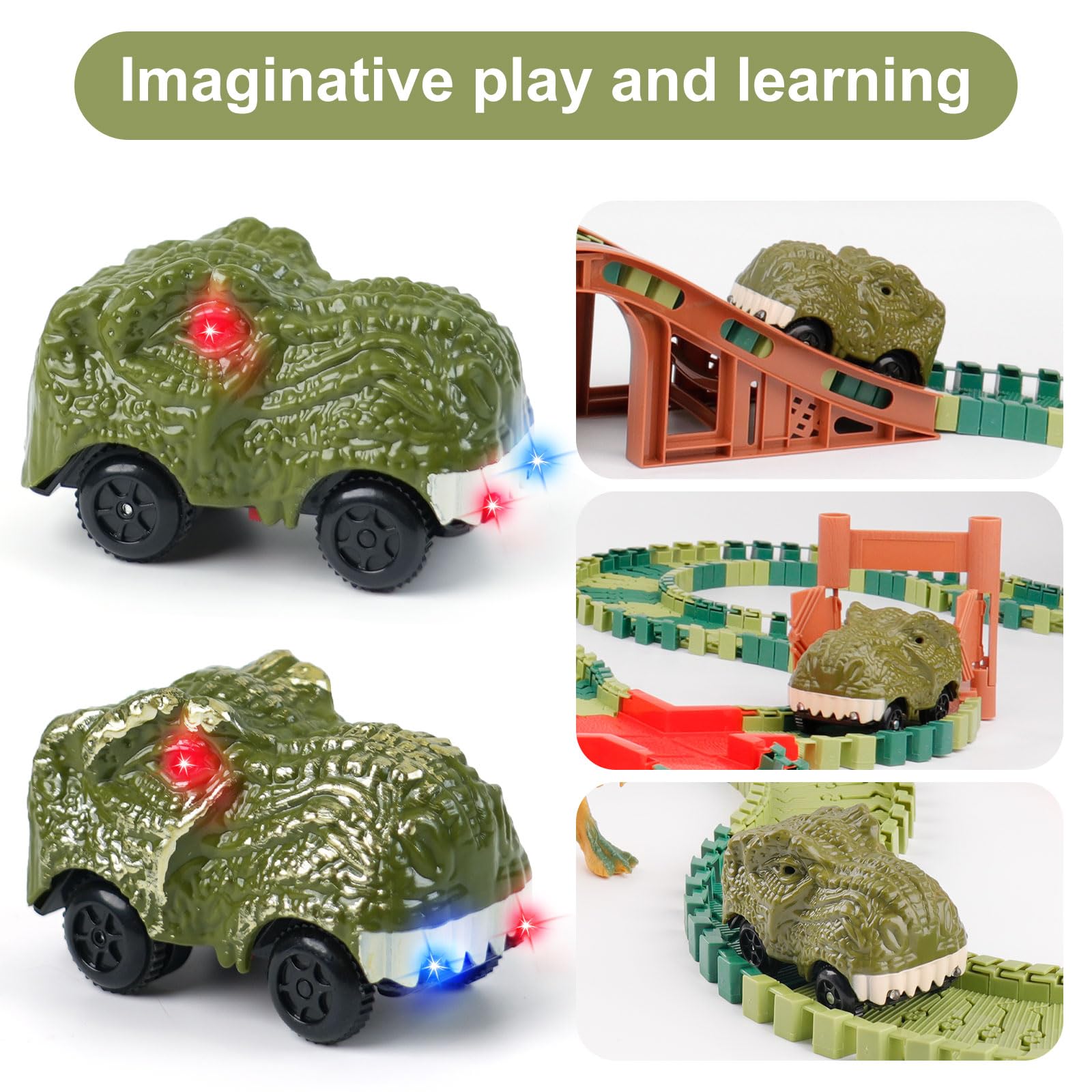 ToyFuntasy green dino track car side view with glowing LED accents