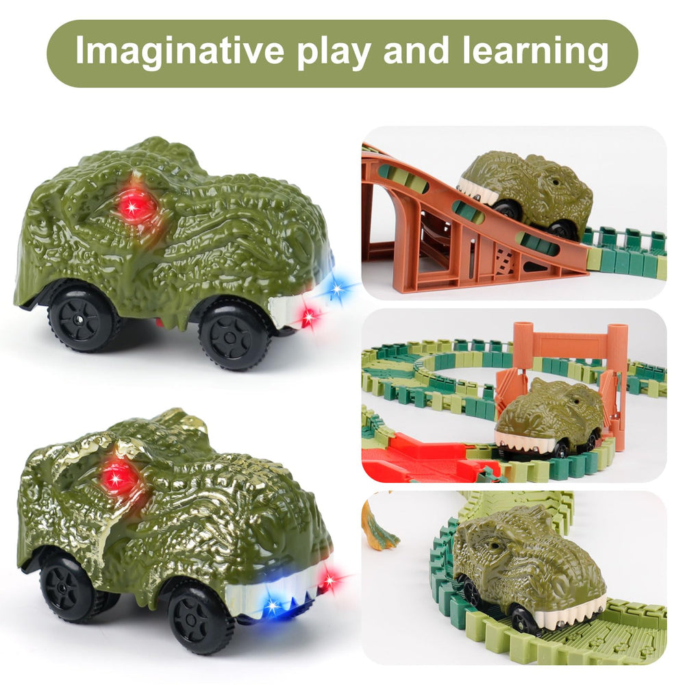ToyFuntasy green dino track car side view with glowing LED accents