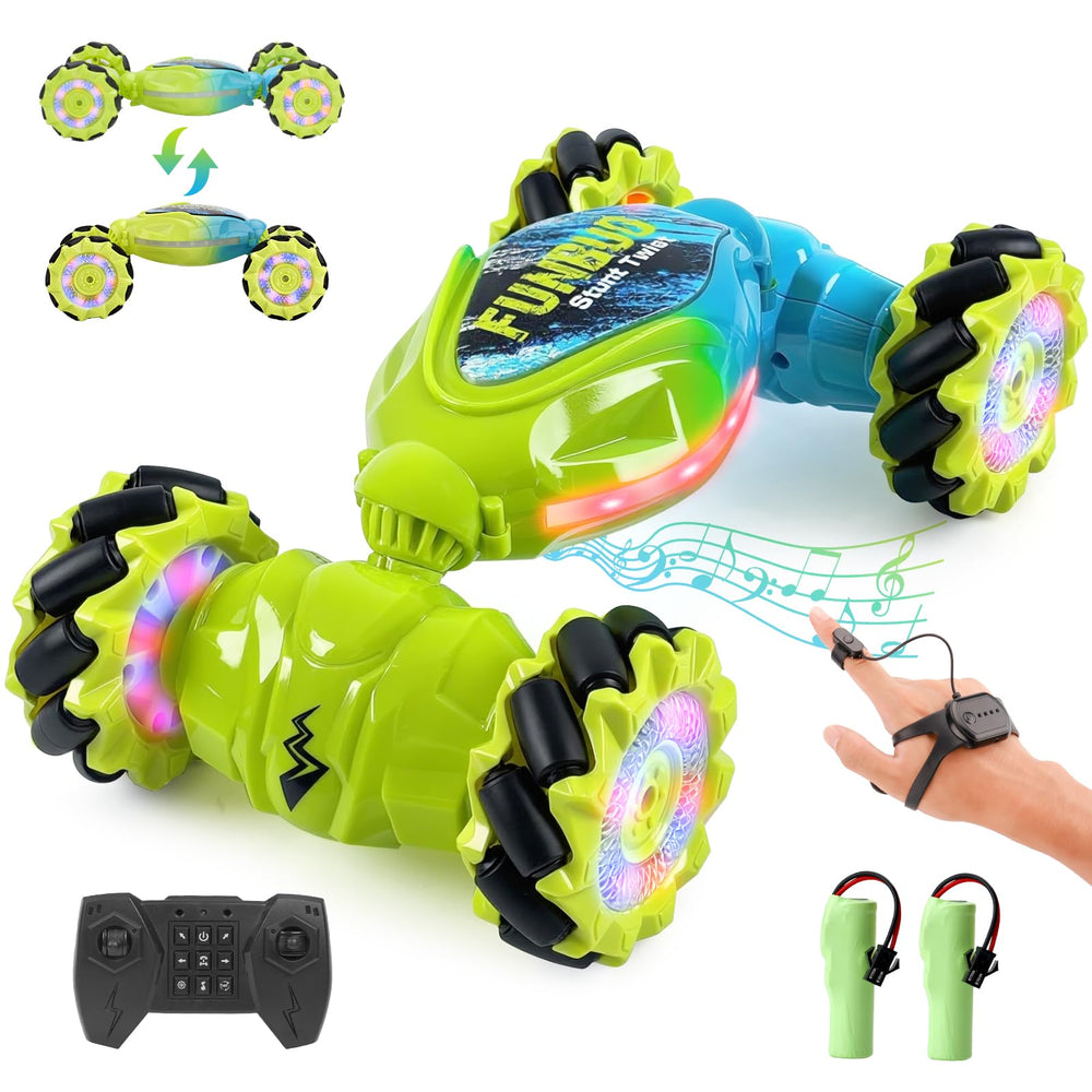 ToyFuntasy gesture-sensing RC stunt car performing bold maneuvers for outdoors play.