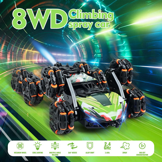 ToyFuntasy RC car side view highlights rugged eight-wheel suspension.