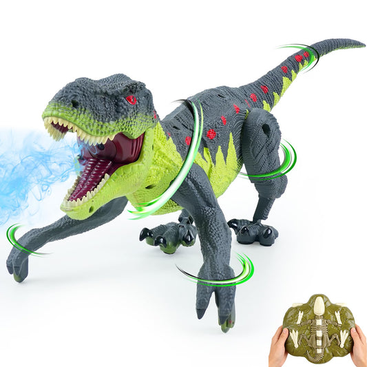 ToyFuntasy remote-control dinosaur walks smoothly with gray-green finish for dynamic play.