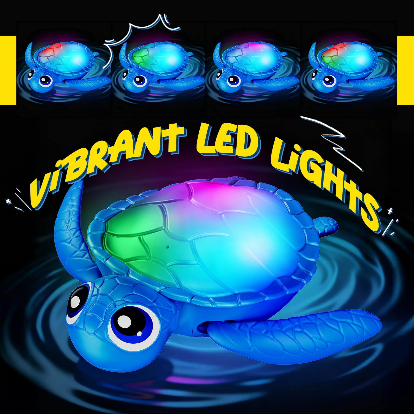 Toyjolka auto-swimming turtle in action with color-changing lights for calming bath time.