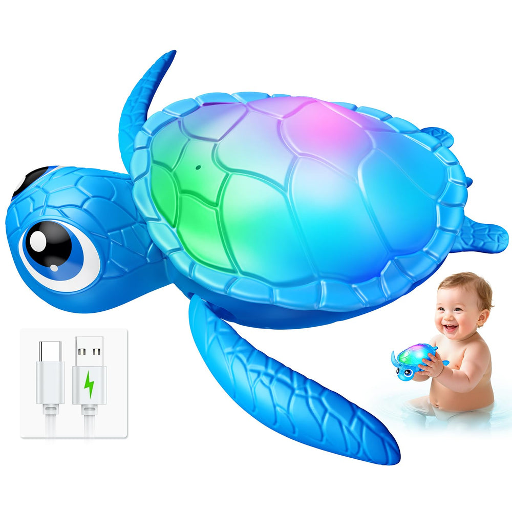 Toyjolka electric swimming turtle gliding underwater with LED lights for bath fun.