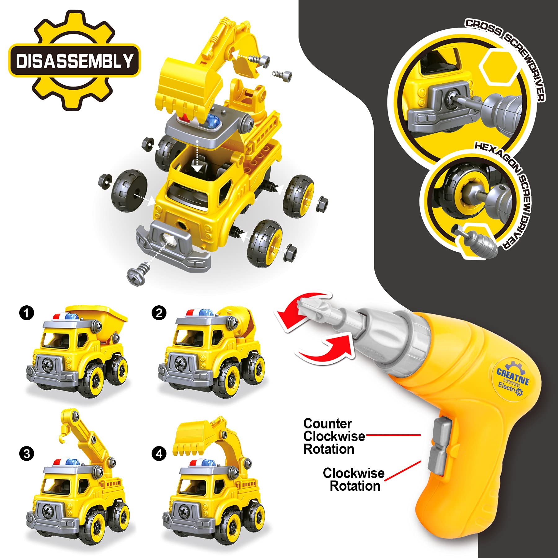 Toyk 4-in-1 take apart car cement mixer model for modular play