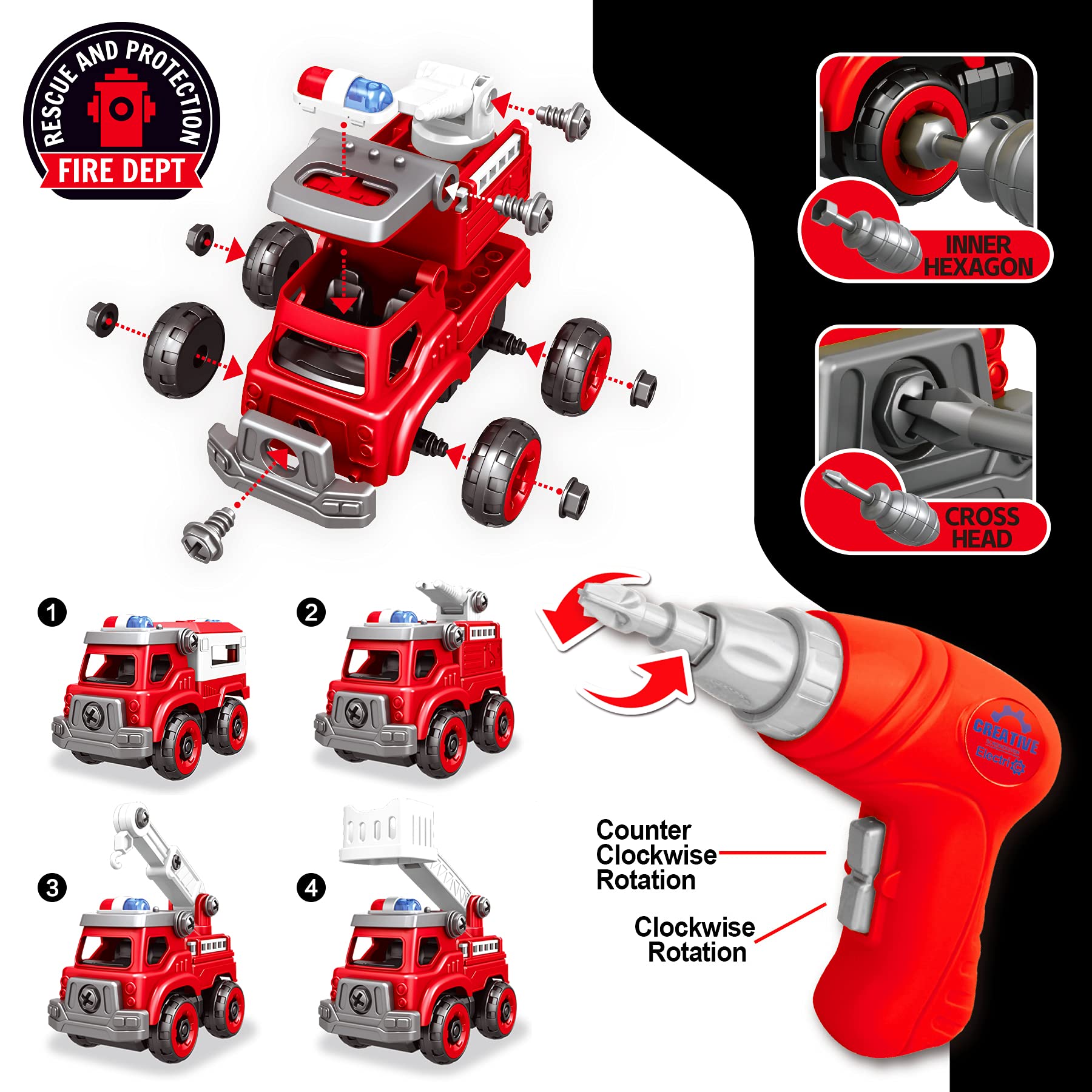 Toyk fire engine model with interchangeable parts promotes imaginative building