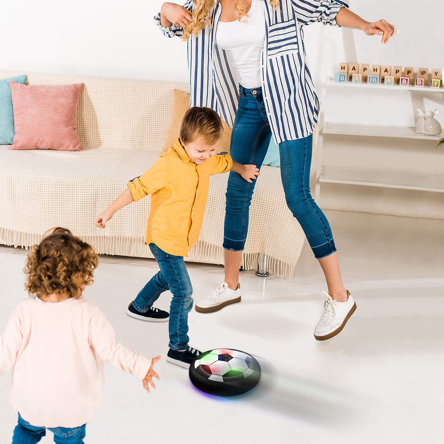 Toyk LED hover soccer ball living room scene for family play