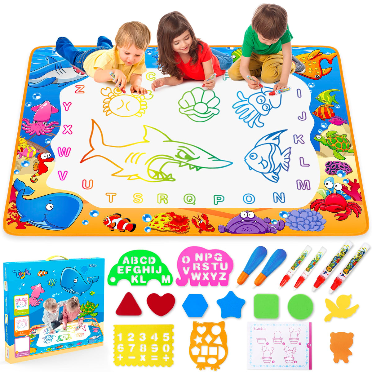 Toyk Water Doodle Mat with ocean pattern for mess-free kid-friendly drawing