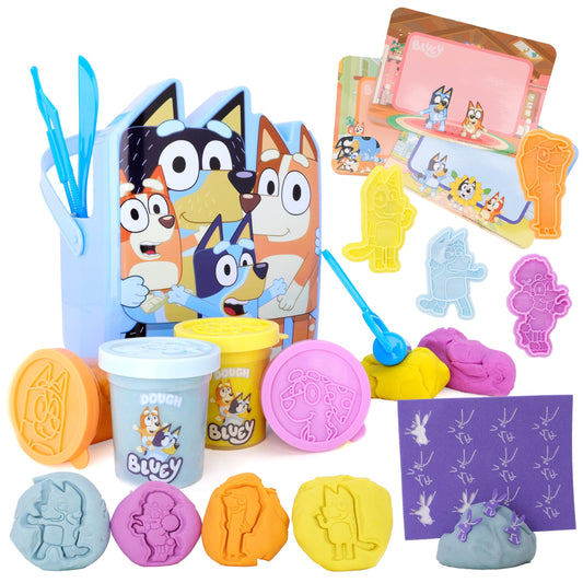 Toyland Bluey Dough Bucket contents: vibrant doughs and tools for creative play