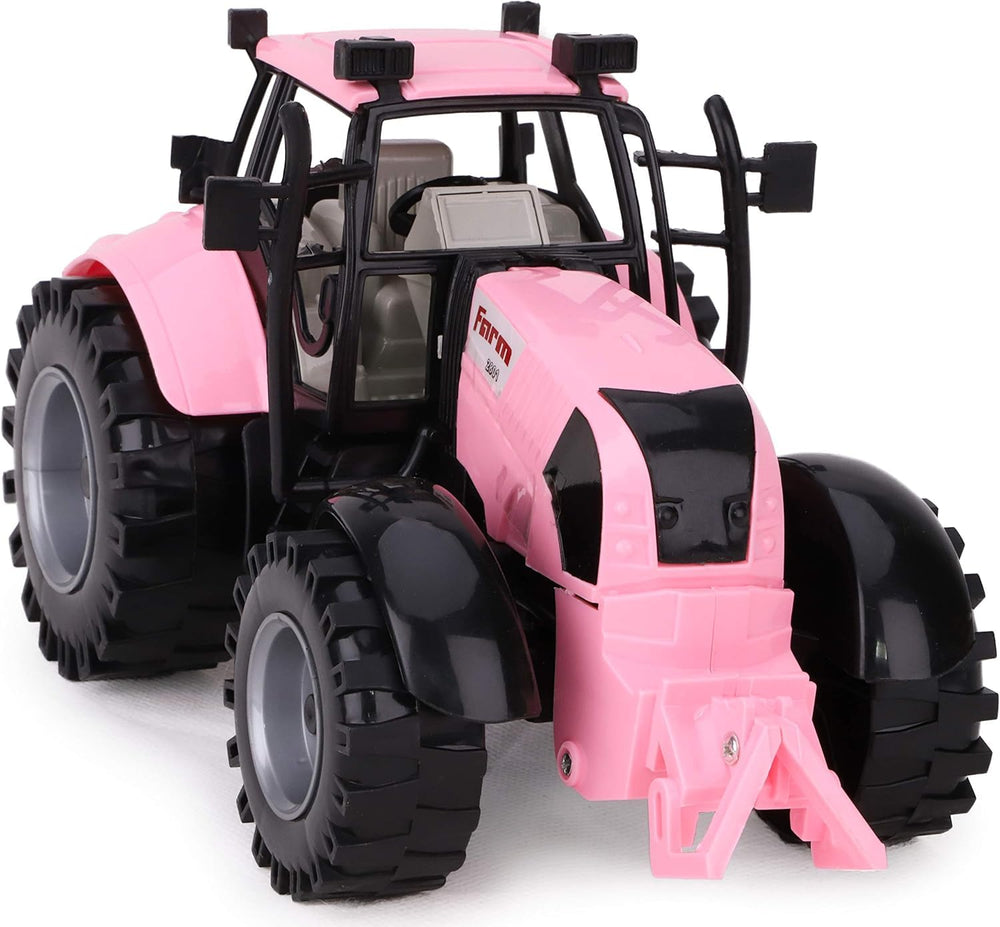 Toyland Friction-Powered Farm Tractor side view pink shows interactive bonnet.