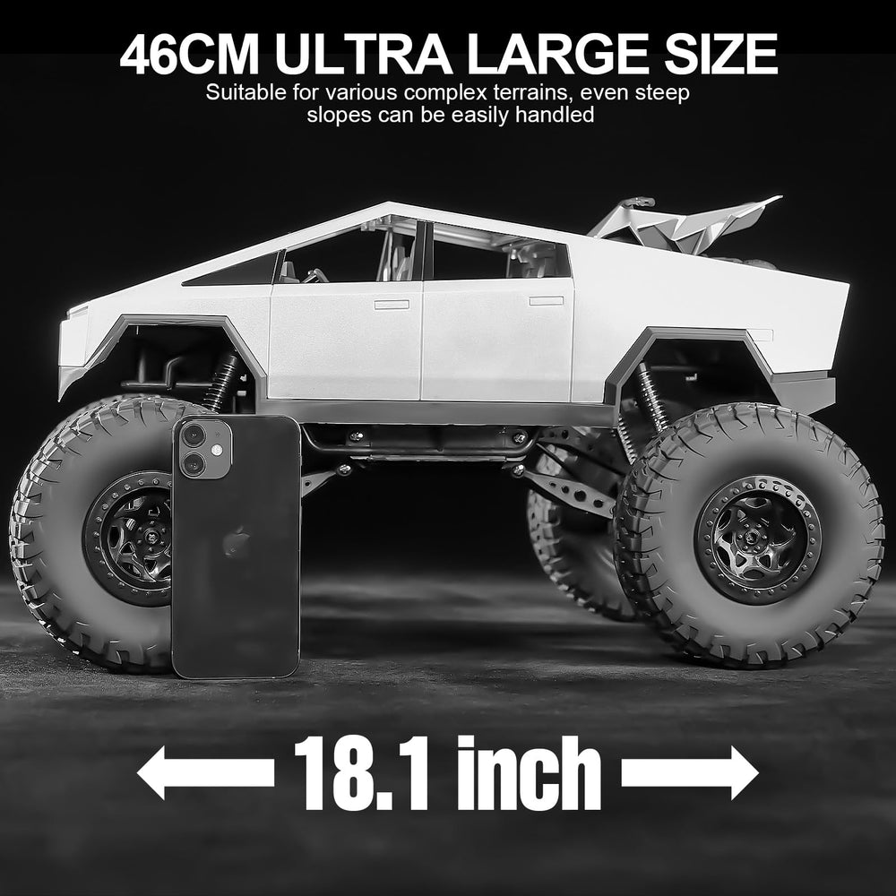 toylefun RC truck side view on rocks illustrates stable four-wheel drive for rugged terrain