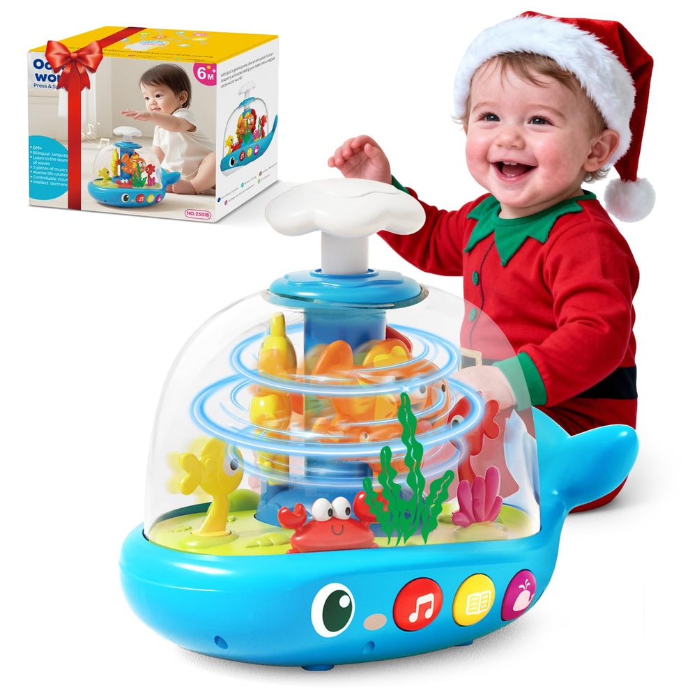 Toylfort Whale Sensory Spinner with light and music engages baby during tummy time.