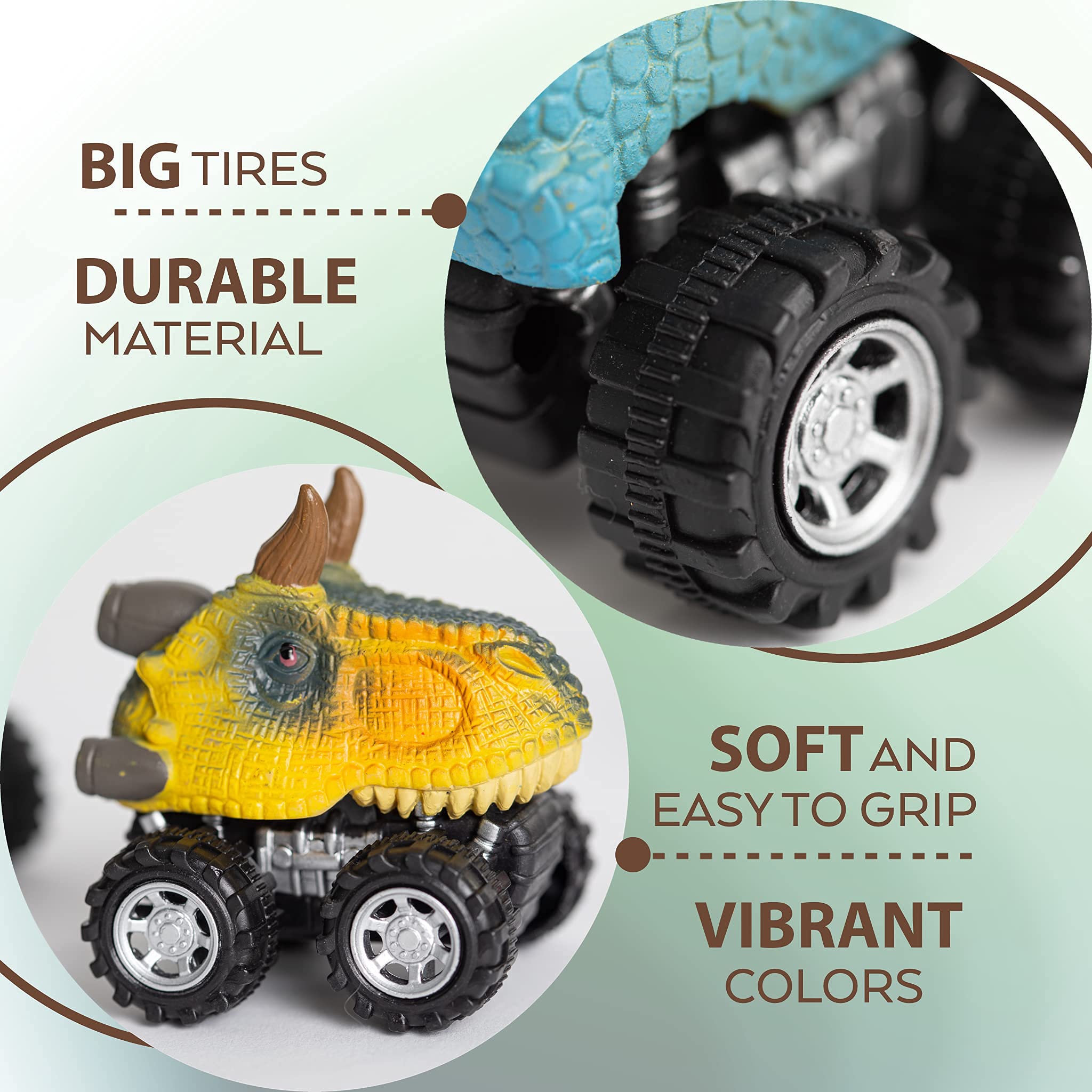 Colorful TOYLI dinosaur cars with realistic heads inspire imaginative play.
