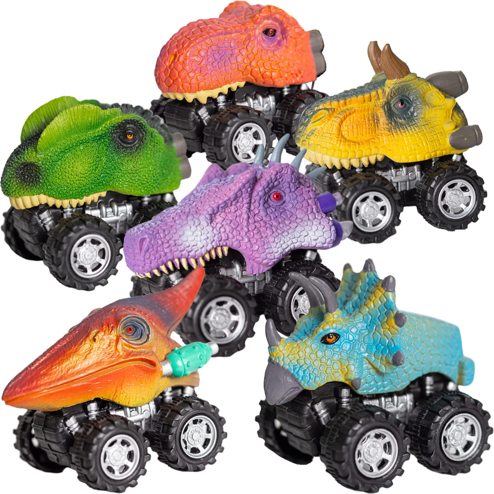 TOYLI pull-back dino car 6-pack side view for easy manual operation.