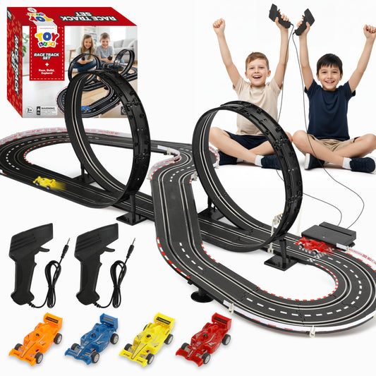 TOY Life Electric Slot Car Track overview shows a spacious 20-foot racing setup.
