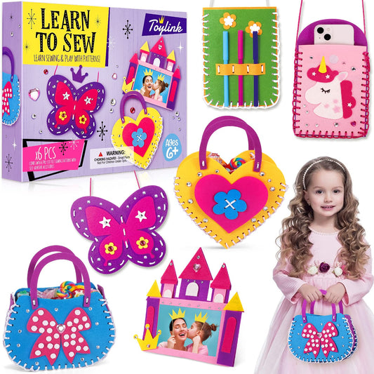 Toylink First Sewing Kit: unicorn purse project for young creators, showcasing colorful stitching