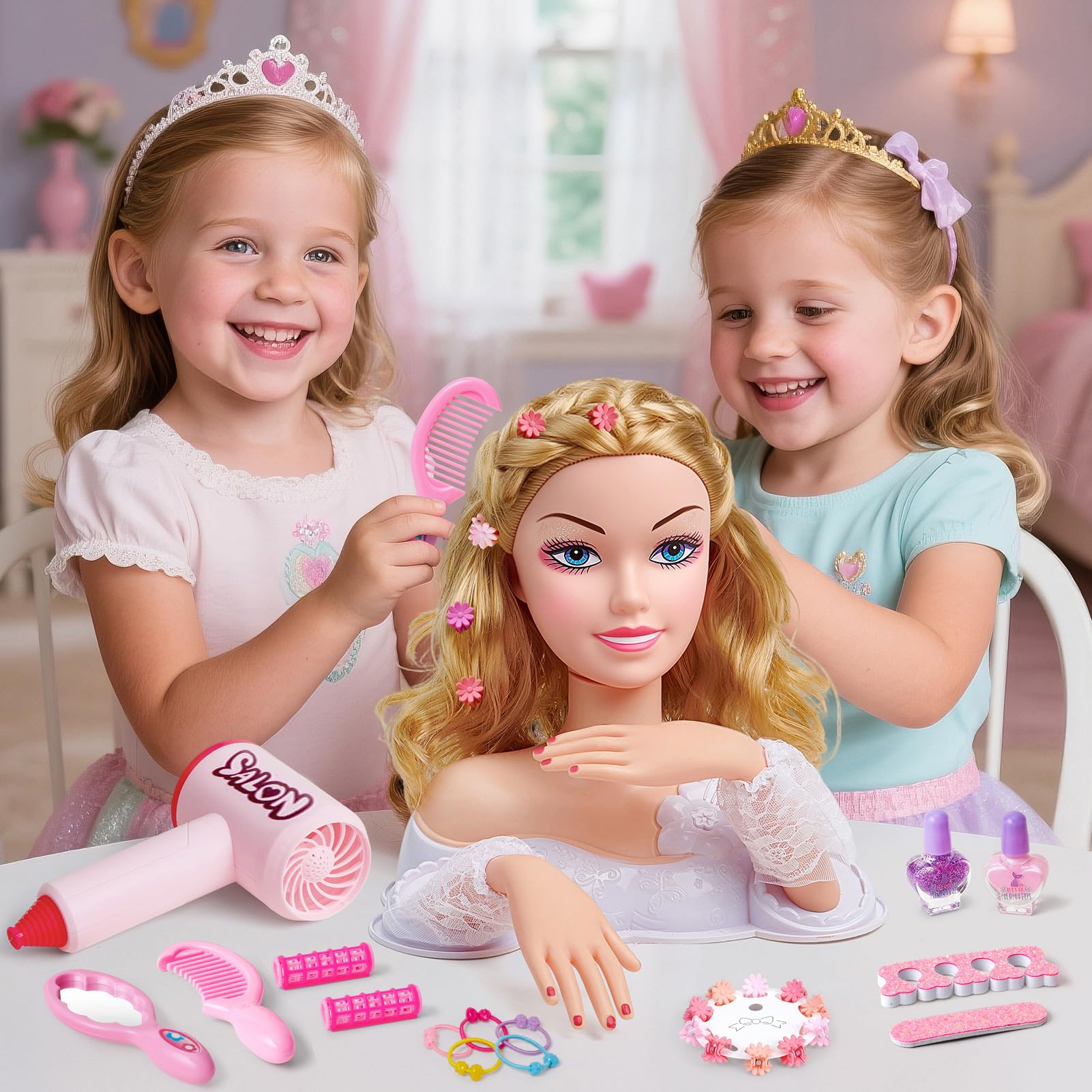 Toylink hair-rollers help secure curls for creative bridal looks.