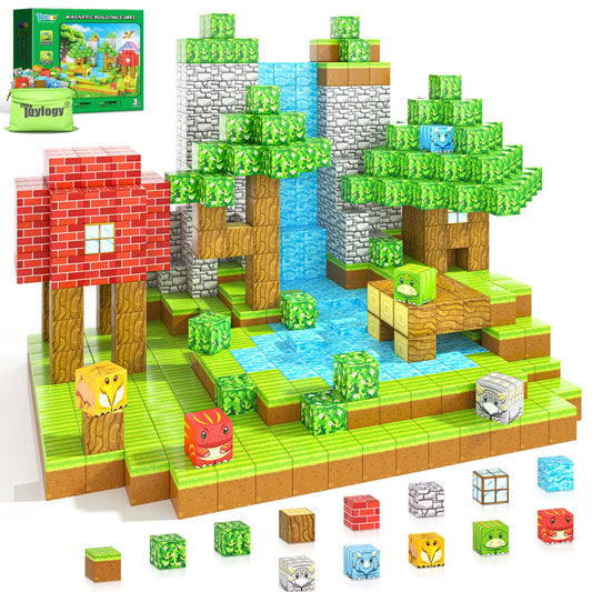 Toylogy 100-piece magnetic blocks forming a dinosaur mine forest scene for imaginative play