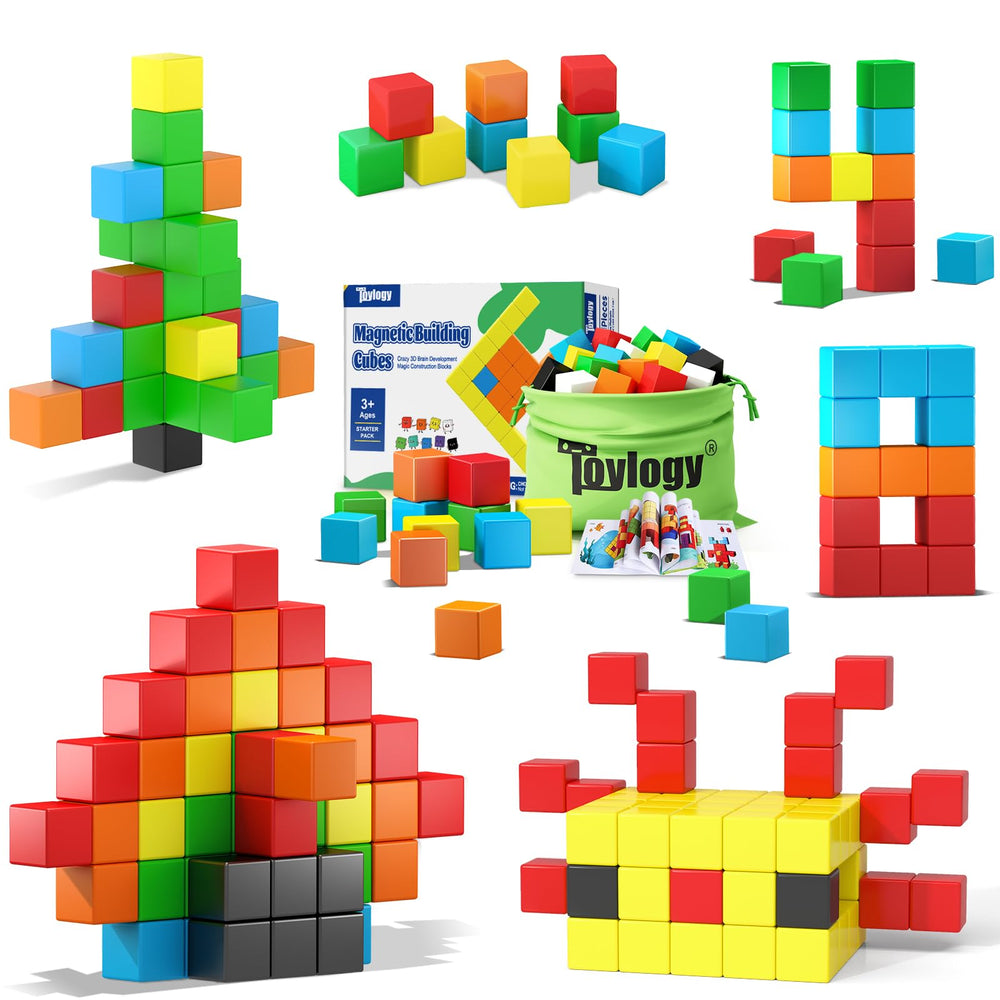 Toylogy 48pcs magnetic cubes in a travel bag for on-the-go building fun.