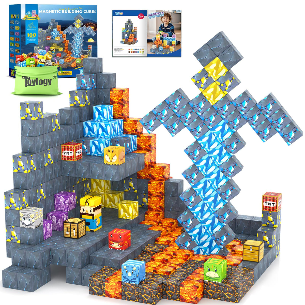 Toylogy magnetic blocks 100pcs dinosaur sword set for imaginative play and STEM exploration.
