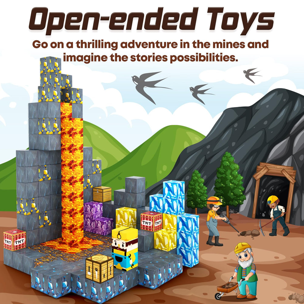 Toylogy Magnetic Blocks building the Mine World layout encourages creative construction and problem-solving.